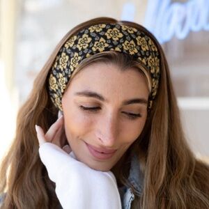 Tal NY Metallic Gold Floral Black Headband NWT